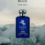 A stylish blue bottle of "Cool Blue" Eau de Toilette for men is displayed on a chunk of ice, with a misty, icy landscape in the background.