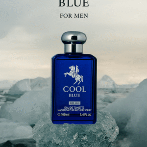 A stylish blue bottle of "Cool Blue" Eau de Toilette for men is displayed on a chunk of ice, with a misty, icy landscape in the background.
