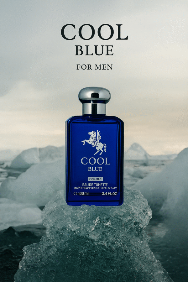 A stylish blue bottle of "Cool Blue" Eau de Toilette for men is displayed on a chunk of ice, with a misty, icy landscape in the background.